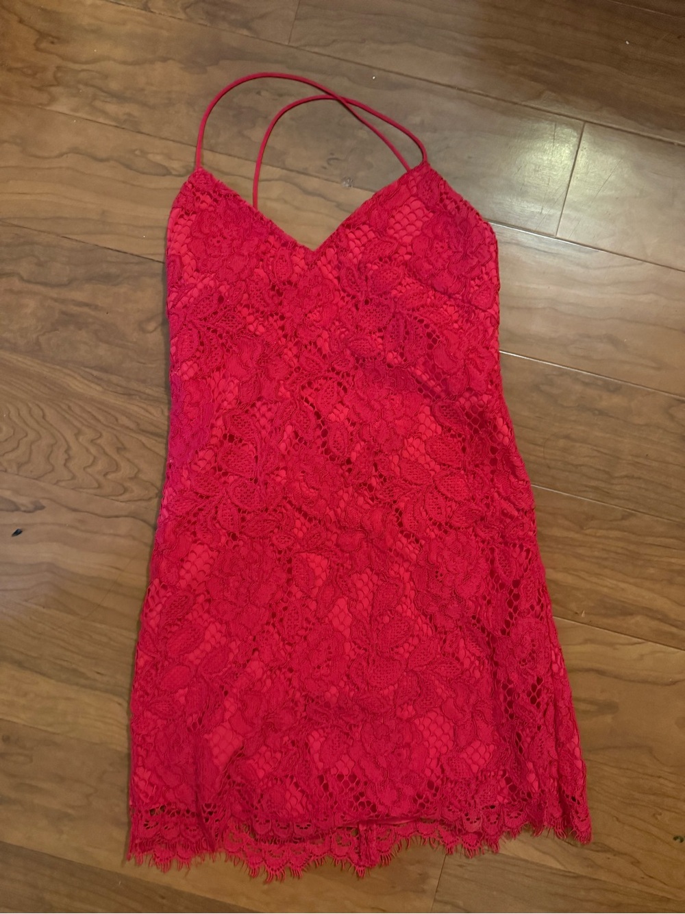 NBD Red Lace Mini Slip Dress with Double Spaghetti Straps